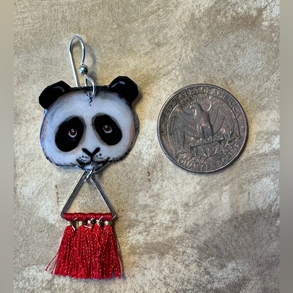 Giant Panda Bears earrings handpainted with red tassel OOAK - Picture 4 of 4